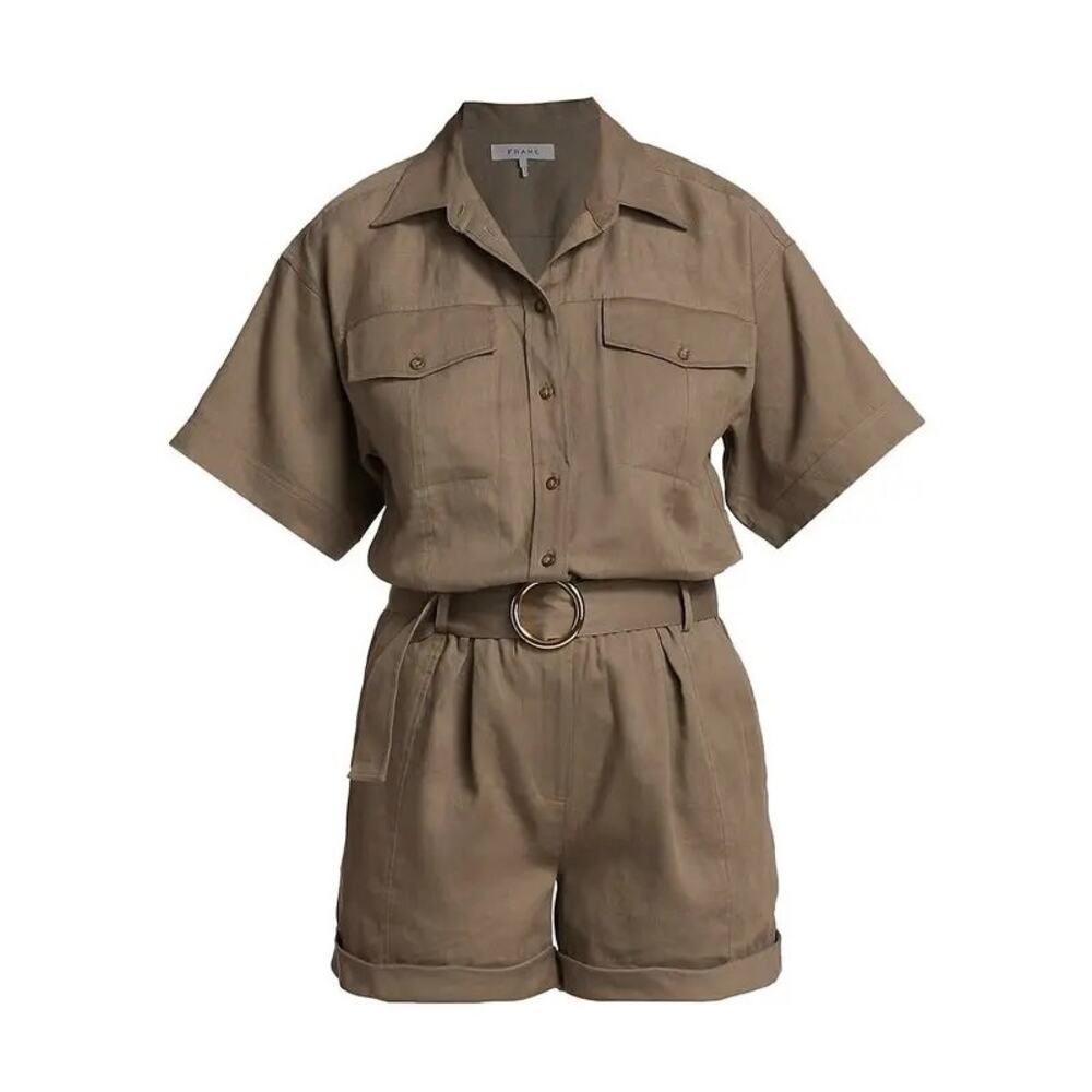 FRAME Arie Romper in Desert Size‎ XS Khaki Tan Short Sleeve Button Front Utility